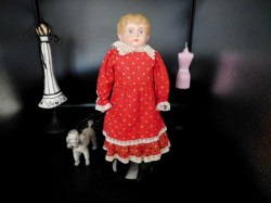 13" Antique 1905 Blonde Minerva German Doll, Leather and Cloth Body, Red Dress